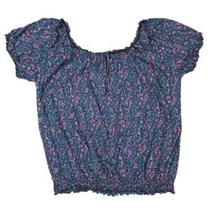 Pure Energy Floral Peasant Top 3X Blue Pink Smocked Boho EUC